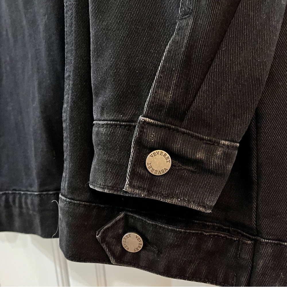 Cowgirl Rhinestone Fringe Black Denim Jacket, VEVERET sz 18. Trucker Glam Biker - Picture 10 of 11